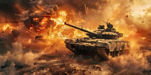 Tank in a dynamic battlefield environment with explosions and debris.