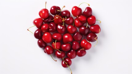 Red ripe cherries laid out in the shape of a heart on a white background. Summer background of juicy fruits.
