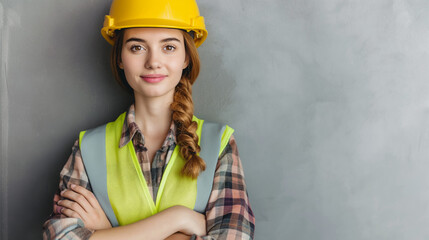 female construction worker or engineer in a yellow helmet and a signal vest on a grey background.