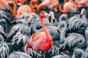 A group of flamingos are in a pond, with one standing out in the foreground. Concept of unity and harmony