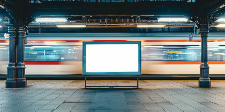 Blank advertising billboard at a train station with a moving train in the background.