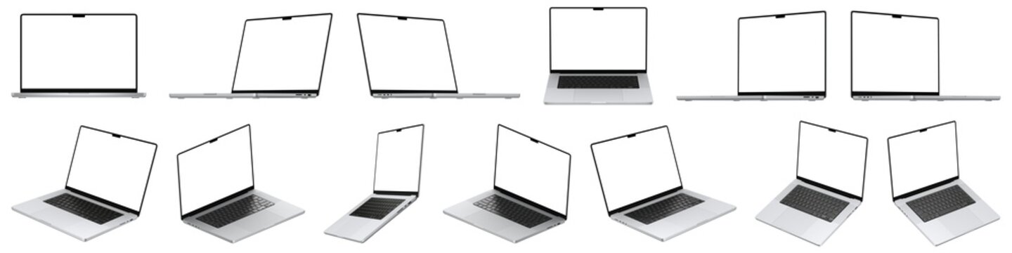 Realistic Laptop Bundle. Based on real image, 13 most popular angles. Transparent screen and isolated from background. Silver Color, Highly Detailed. Realistic Laptop mockup set