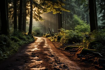 Sunlight filtering through trees onto dirt road in forest - obrazy, fototapety, plakaty