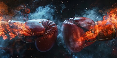 Two boxing gloves colliding with dramatic smoke and fire effects.