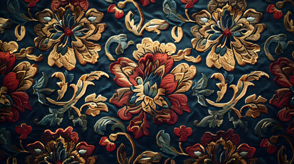 This image features a close-up of a richly embroidered floral pattern in gold, red, and green on a dark blue fabric background