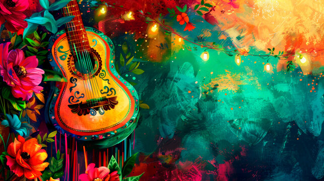 abstract bright colored background with ukulele guitar and flowers for the holiday Cinco De Mayo copy space