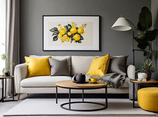 living room on wall watercolor flower and natural floral poster frame with comfortable sofa and pillow in front of tea table with white background