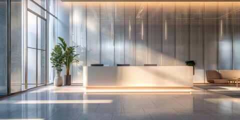 Modern office lobby with a minimalist reception desk and ambient lighting.