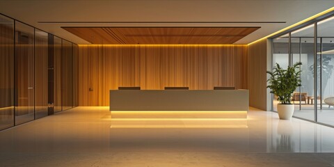 Modern office lobby with a minimalist reception desk and ambient lighting.
