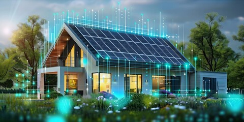 Digitally enhanced smart home with solar panels and interactive energy monitoring interface. - obrazy, fototapety, plakaty