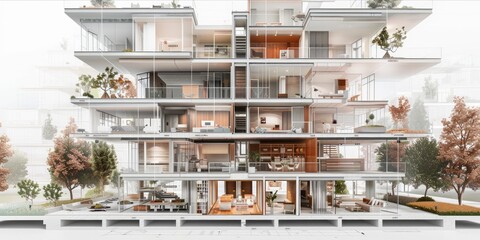 Cross section of a multi story residential building with architectural plans visible.