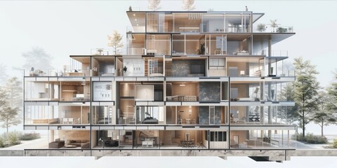 Cross section of a multi story residential building with architectural plans visible.