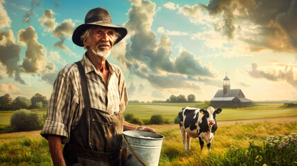 A farmer stands beside a dairy cow in a picturesque rural landscape, holding a bucket of freshly milked milk - obrazy, fototapety, plakaty