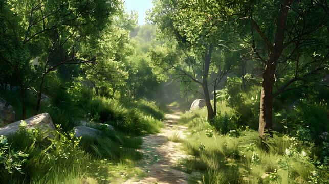 A scenic view of a sun-drenched forest trail surrounded by lush trees and undergrowth, depicting nature's serene beauty