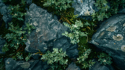 Hardy green plants thriving amongst the rugged rocky terrain, symbolizing resilience and the persistence of life