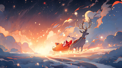 The magical scene of Santa Claus flying across a starry night sky on his sleigh, pulled by reindeer with glittering horns, delivering gifts to children around the world Generative AI - obrazy, fototapety, plakaty