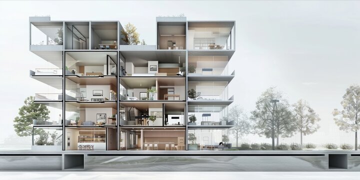 Cross section of a multi story residential building with architectural plans visible.