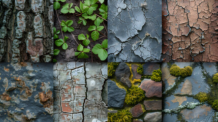 An array of natural textures showcasing the diversity of patterns in wood, leaves, and cracked soil