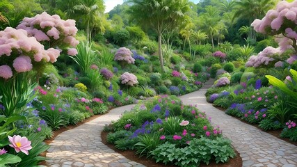 Fototapeta na wymiar two paths that join in a garden