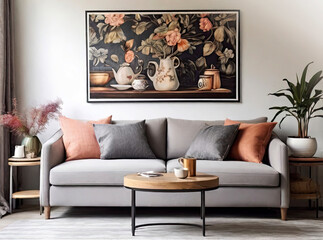 living room on wall watercolor flower and natural floral poster frame with comfortable sofa and pillow in front of tea table with white background