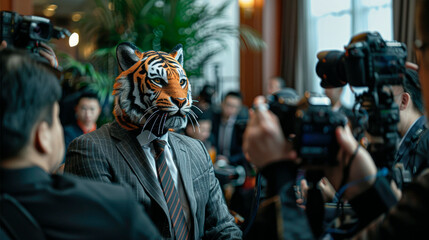 Fototapeta na wymiar Tiger Masked Businessman Center Stage in Conference Interview