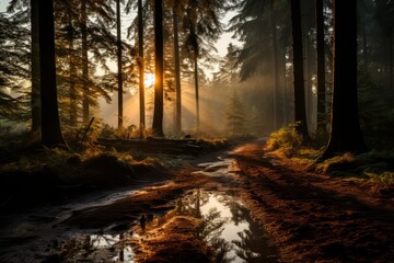Natural landscape with sun shining through forest trees