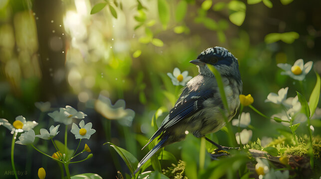 Captivating image of a blue and white bird against a backdrop of yellow flowers bathed in sunlight