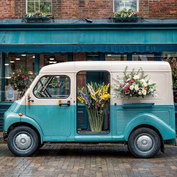 A blue and white van with flowers in the back is parked on a street. The flowers are arranged in buckets and appear to be for sale.