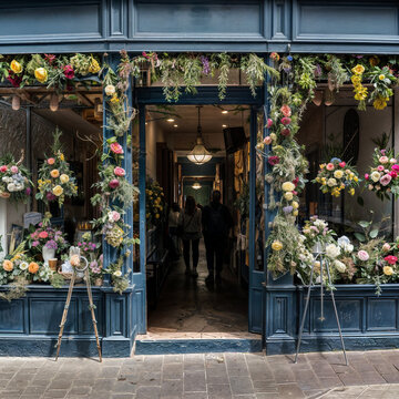 Entrance to a flower shop surrounded by flowers from different sides, blue door 