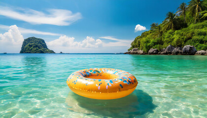 Yellow inflatable ring floating along sandy beach. Tropical sea coast. Summer vacation at the ocean.