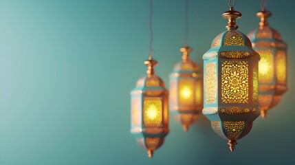 Obraz premium Islamic Lanterns Hanging From A Blue Wall, To evoke a sense of Middle Eastern culture and tradition in a space