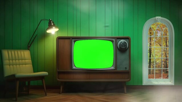 TV retro antique television green screen with decorated classic lights and wooden walls; is perfect for background projects; 4k virtual video animation.