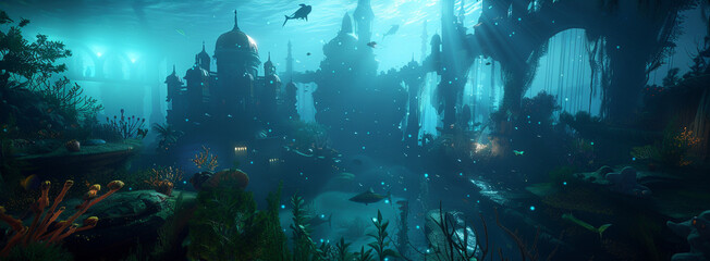 An Atlantis themed wonderland located in the heart of the oceans abyss where bioluminescent creatures illuminate the waters Fantasy meets reality as the citys spires - obrazy, fototapety, plakaty
