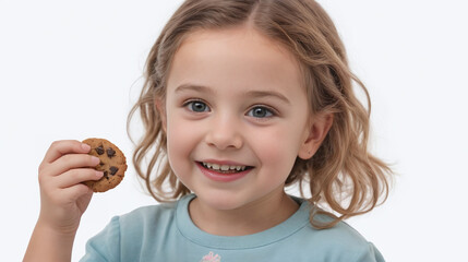 A Little girl holding a chocolate chip cookie, isolated on a white background, with copy space