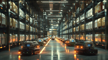 Obraz premium A state of the art logistic center buzzing with activity robots autonomously navigating aisles