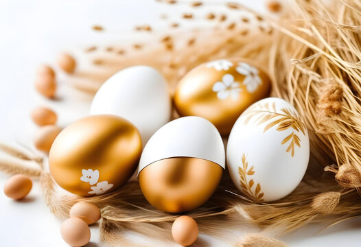 Stylish golden eggs easter concept. Easter gold eggs with golden dried flax linum