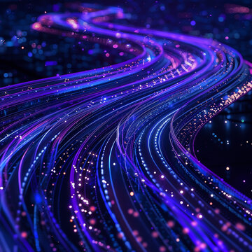 Dark blue lines and particles weaving through technology roads set against a rich purple dark background showcasing a digital metropolis at night