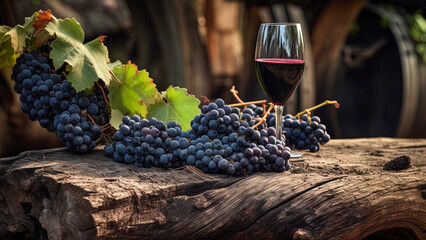 A bunch of grapes and a wine glass are on a wooden surface - obrazy, fototapety, plakaty