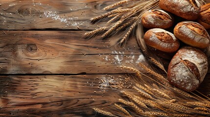 Freshly baked bread and wheat grains arranged on a wooden surface.