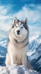 Portrait of a Siberian husky on the background of snowy mountains. Cute dog face.