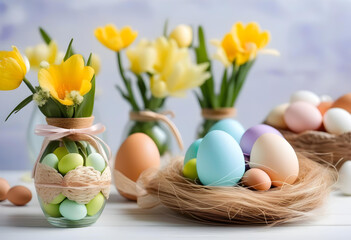 Home interior with easter decor. Spring flowers in a vases, easter eggs on a light background