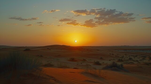 A breathtaking sunset scene in the desert of Dubai, UAE, showcasing the vast expanse of sand and the warm hues of the setting sun painting the sky.