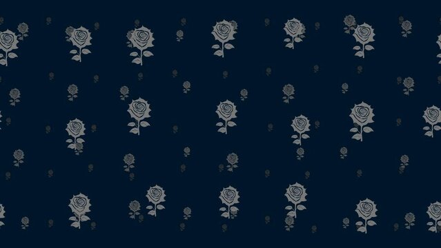 Rose flowers float horizontally from left to right. Parallax fly effect. Floating symbols are located randomly. Seamless looped 4k animation on dark blue background