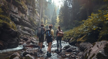 friends travel together through the mountains and nature with backpacks - obrazy, fototapety, plakaty