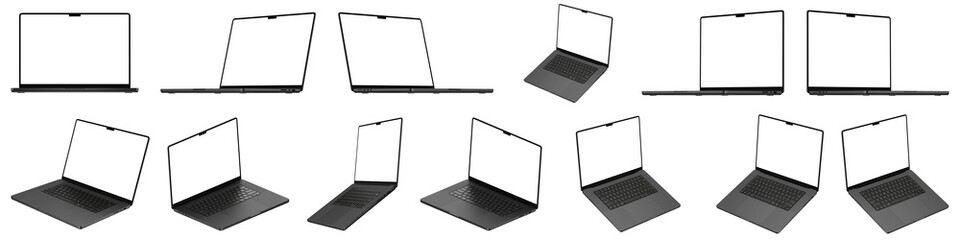 Realistic Laptop Bundle. Based on real image, 13 most popular angles. Transparent screen and isolated from background. Space Black Color, Highly Detailed. Realistic Laptop mockup set - obrazy, fototapety, plakaty