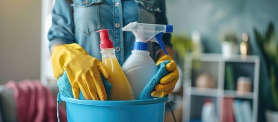 Basket with cleaning items and cleaner on blurry home interior background, Cleaning service. banner