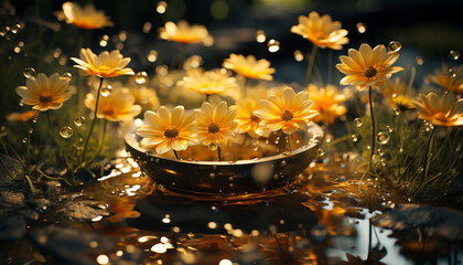 A vibrant yellow daisy reflects the beauty of nature freshness generated by AI