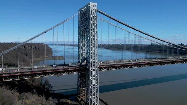 Aerial shot of George Washington Bridge with view along Hudson River, drone 4K