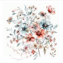 A depiction of various colorful flowers painted on a clean white background, showcasing petals, stems, and leaves.