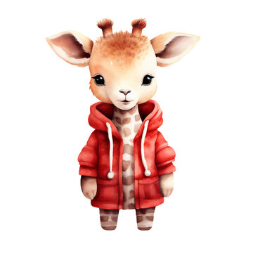 Watercolor hand-painted illustration of a baby giraffe in a sweater. Isolated on a white background